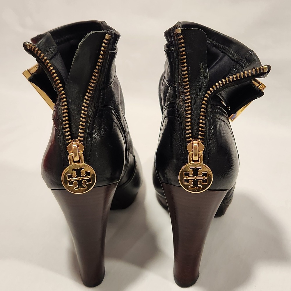 Tory Burch Melrose Ankle Boots Leather Heel Moto Black Logo Women's 7.5 Designer - Picture 11 of 16